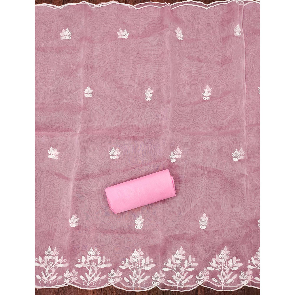 Pink Floral Embroidered Organza Dress Material