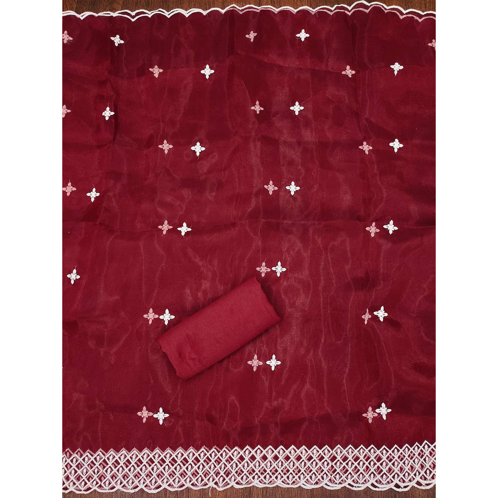 Maroon Floral Embroidered Organza Dress Material