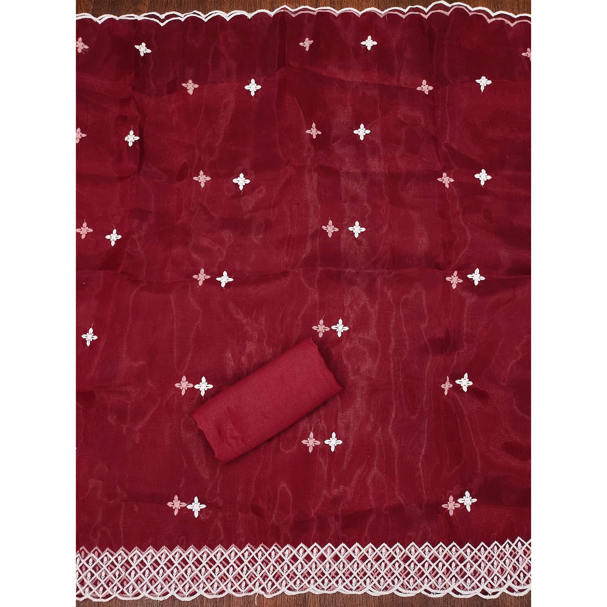 Maroon Floral Embroidered Organza Dress Material