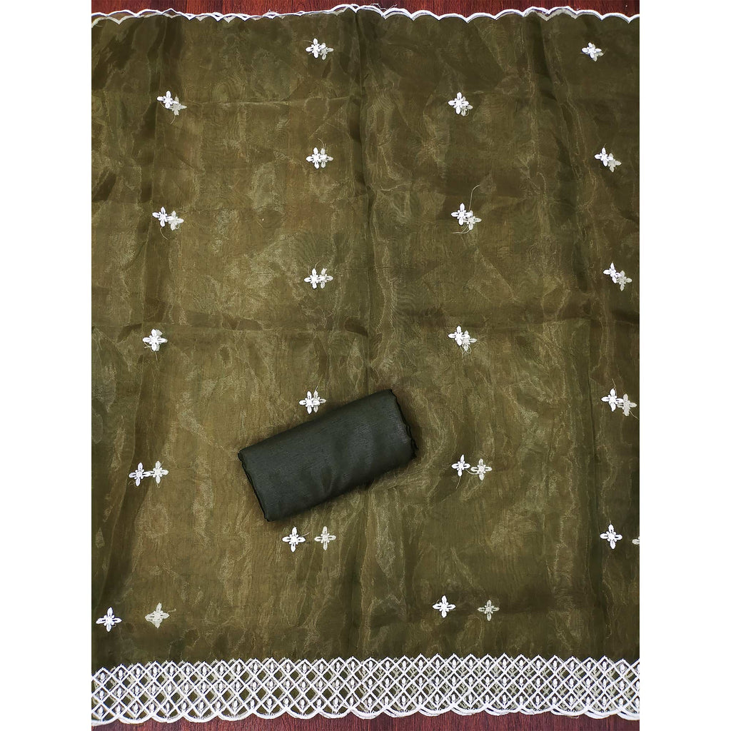 Mehandi Green Floral Embroidered Organza Dress Material