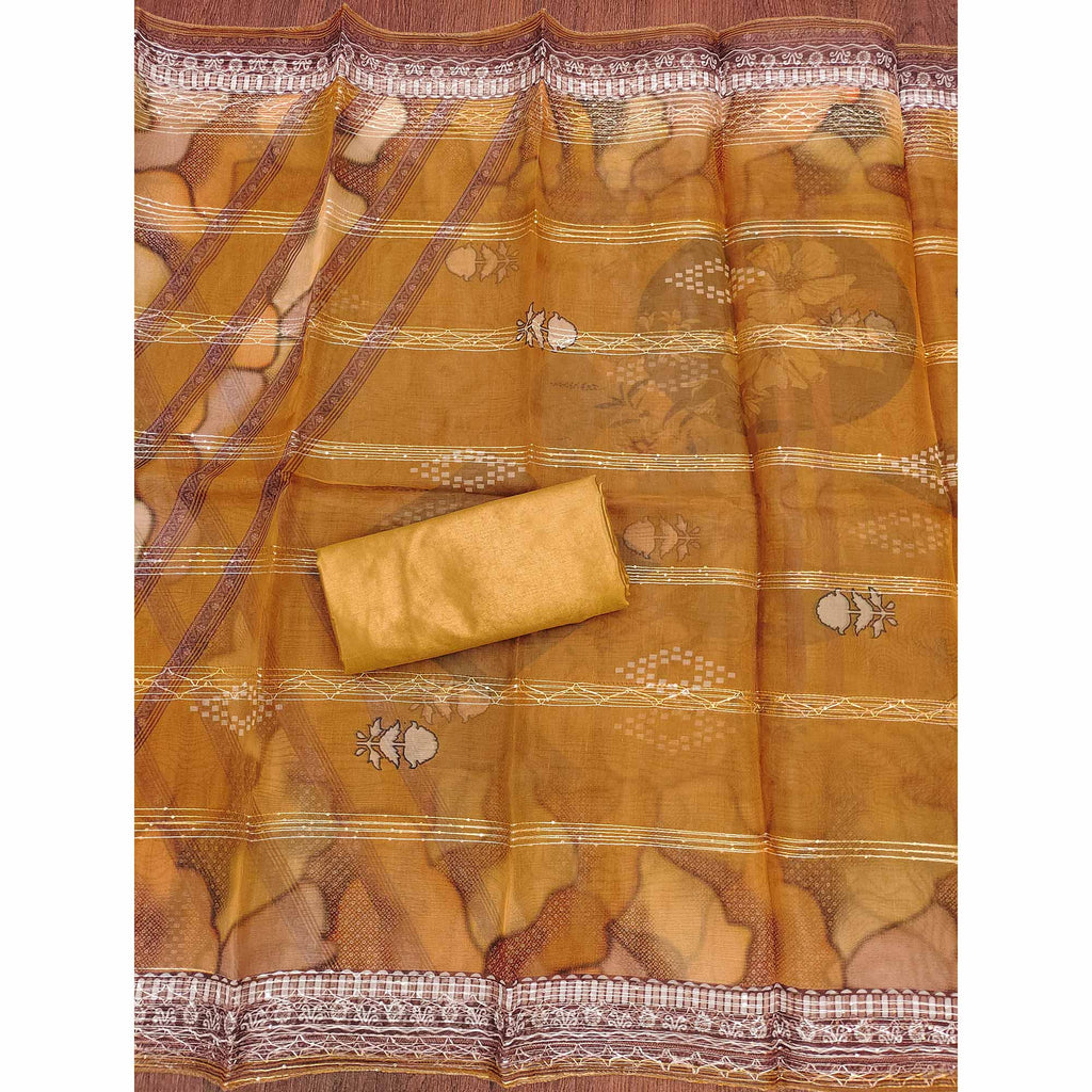 Mustard Sequins Embroidered Organza Dress Material