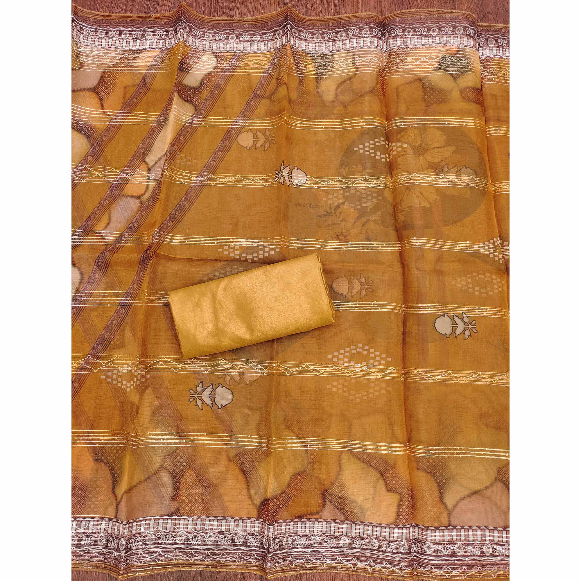 Mustard Sequins Embroidered Organza Dress Material