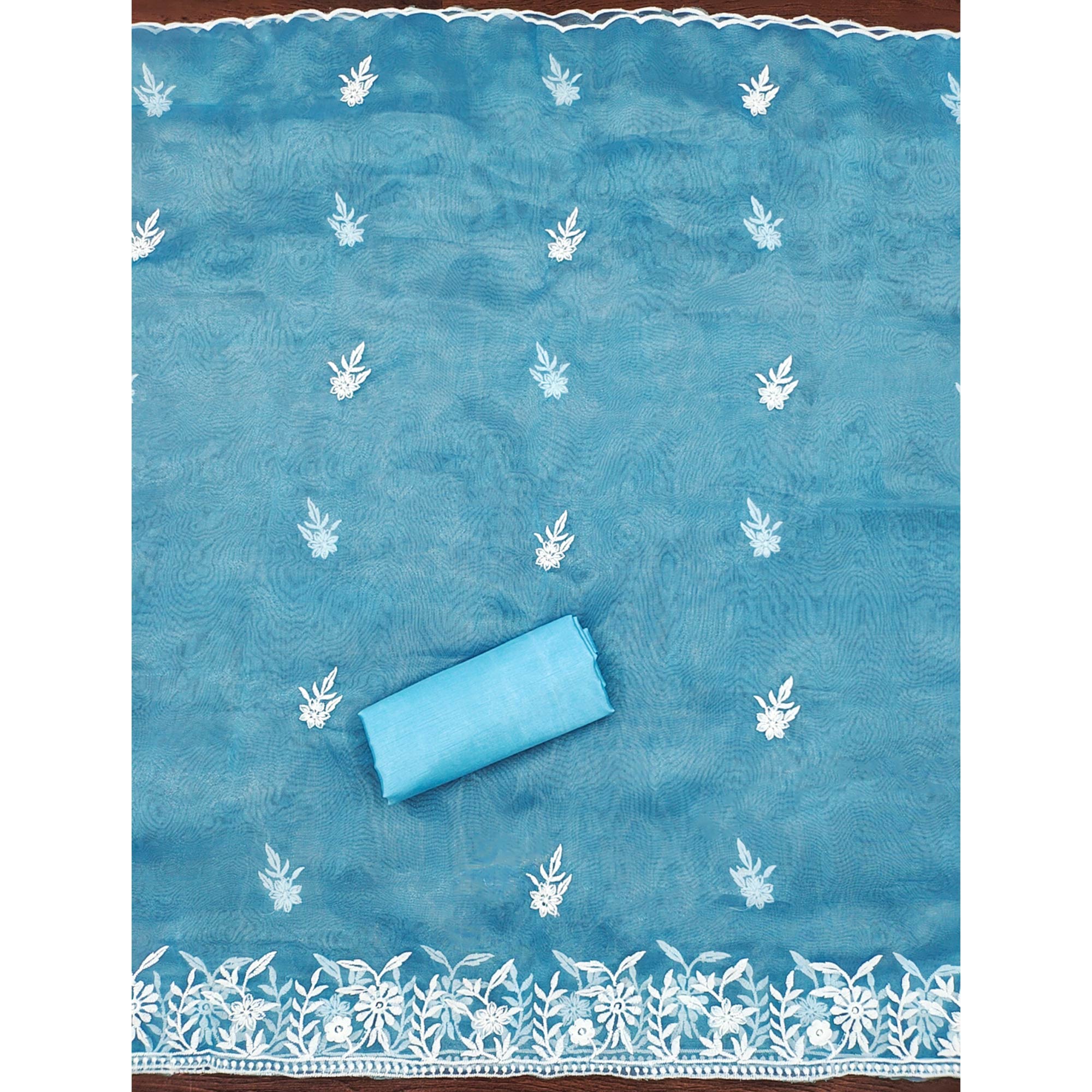 Blue Floral Embroidered Organza Dress Material