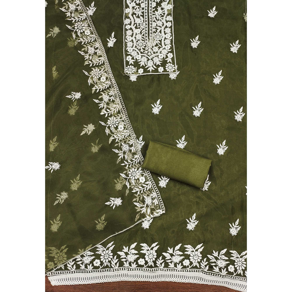 Green Floral Embroidered Organza Dress Material