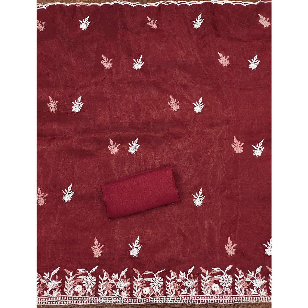 Maroon Floral Embroidered Organza Dress Material