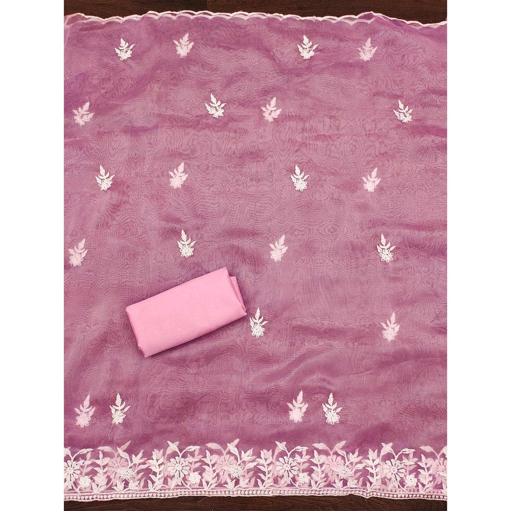 Pink Floral Embroidered Organza Dress Material