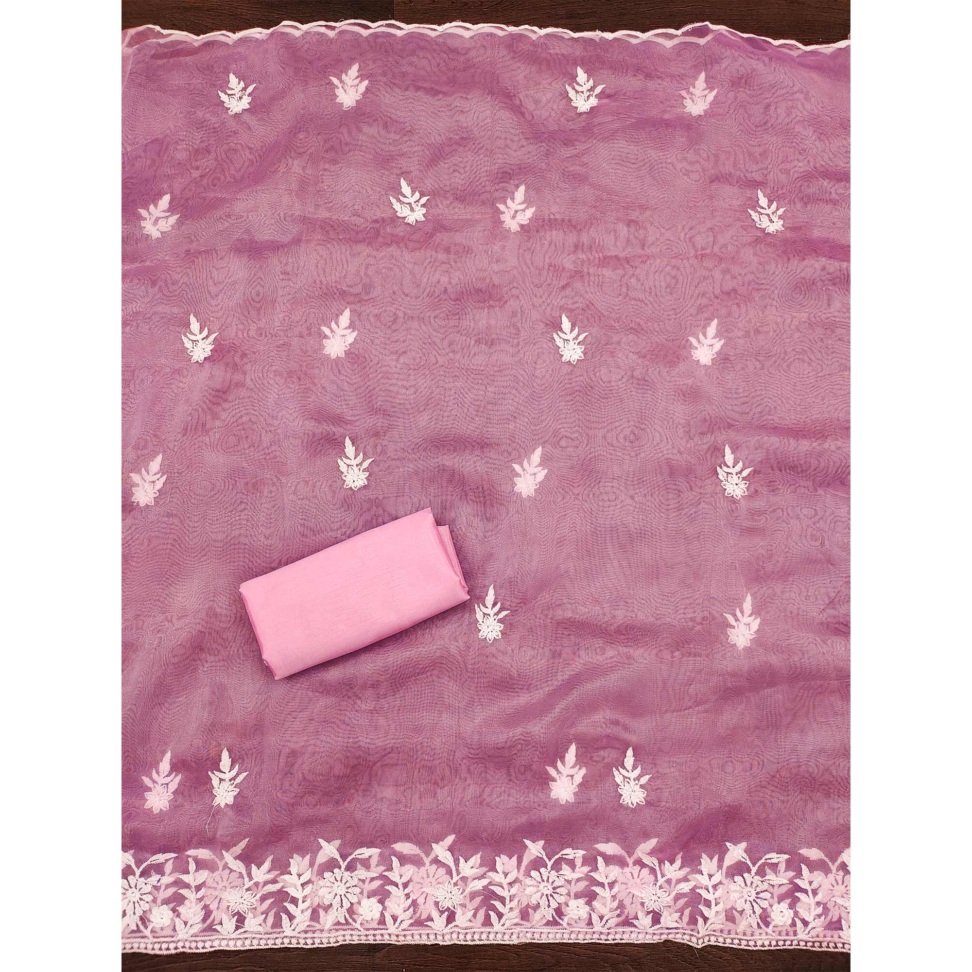Pink Floral Embroidered Organza Dress Material