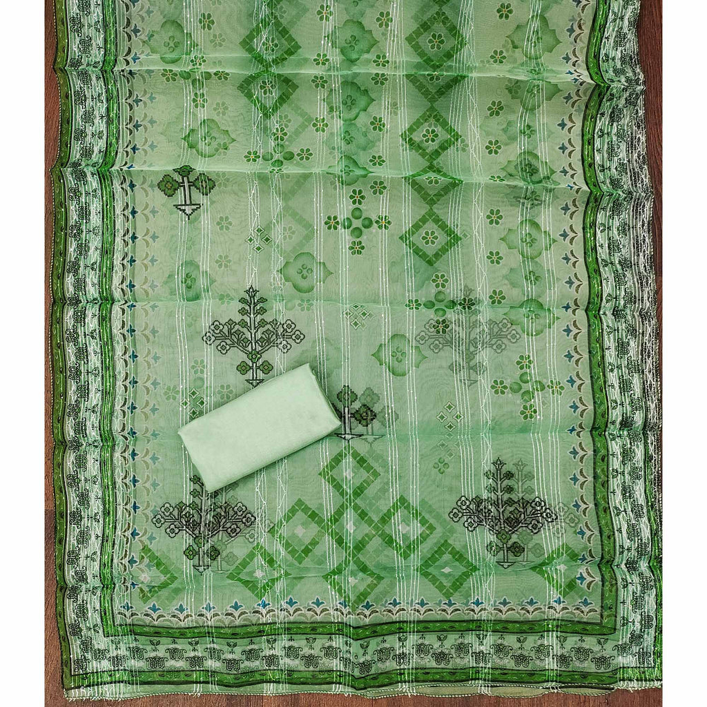 Green Printed With Sequins Embroidered Organza Dress Material