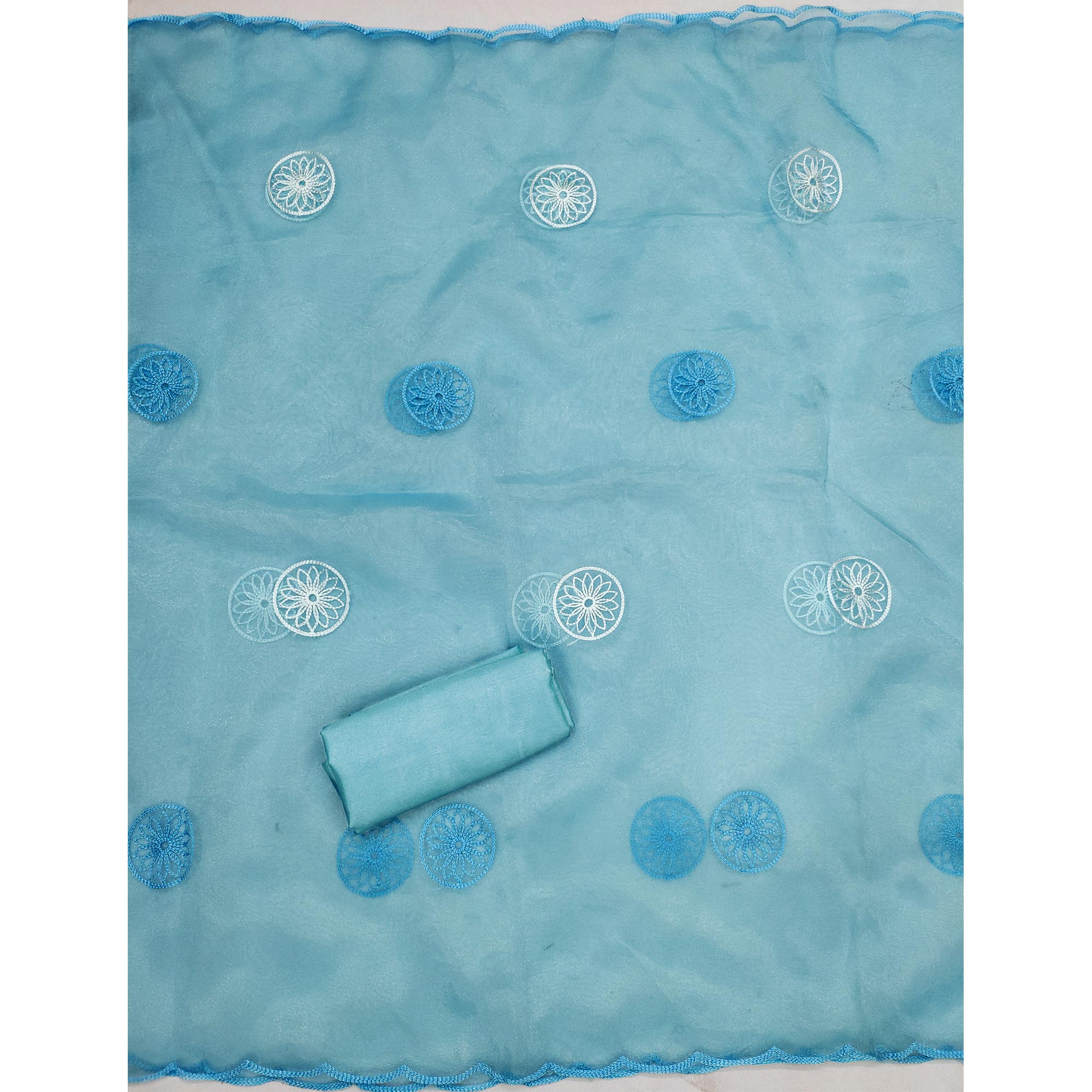 Blue Floral Embroidered Organza Dress Material