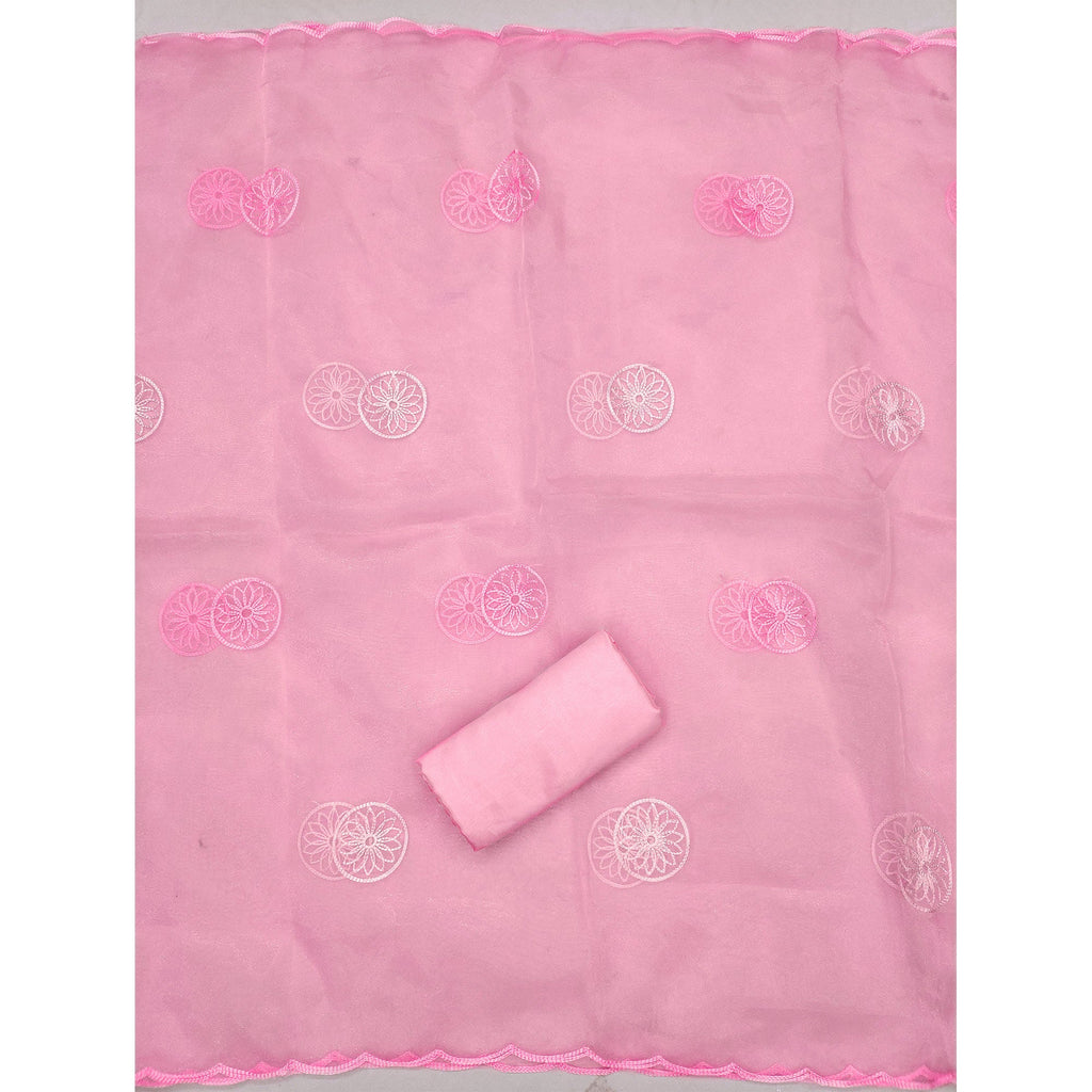 Pink Floral Embroidered Organza Dress Material