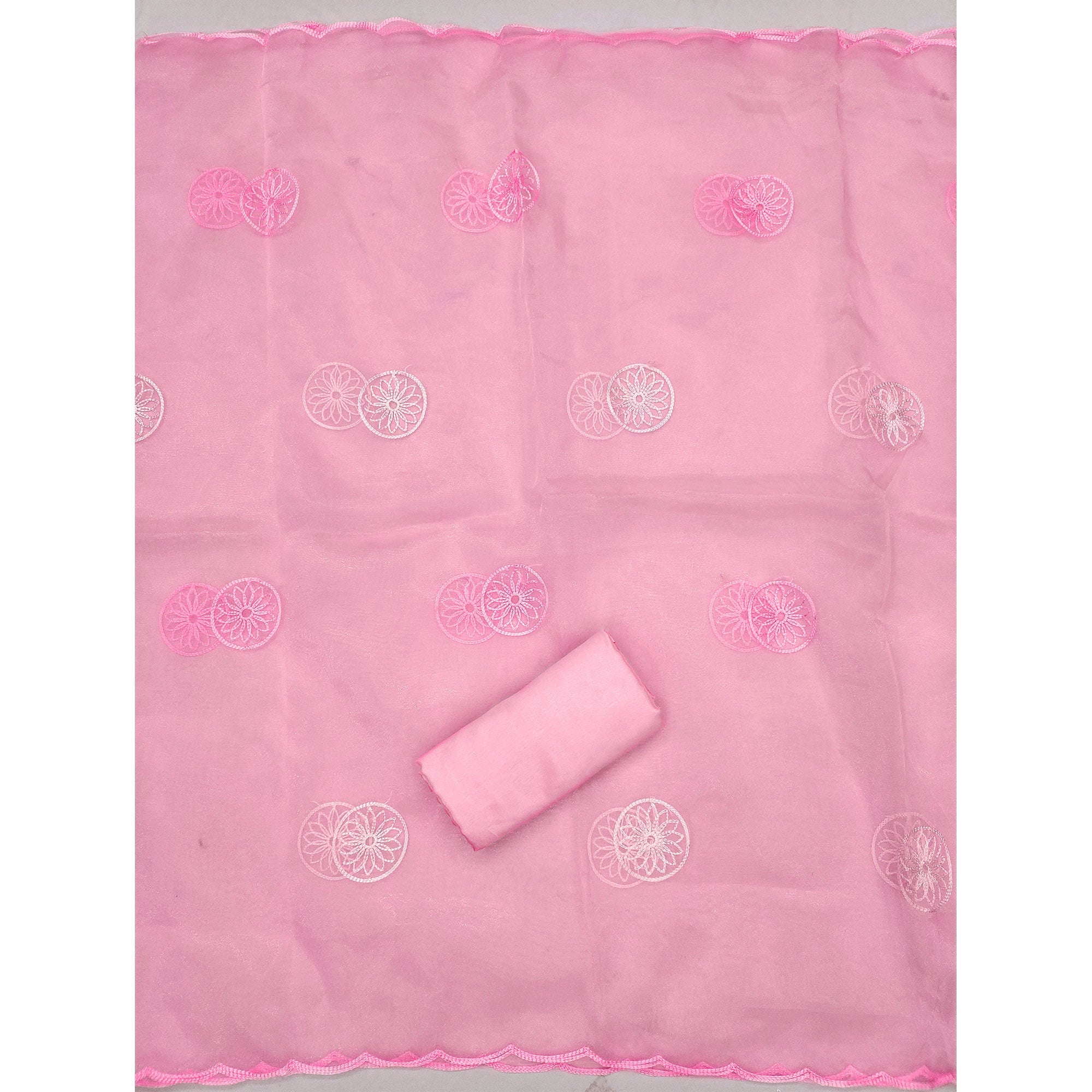 Pink Floral Embroidered Organza Dress Material