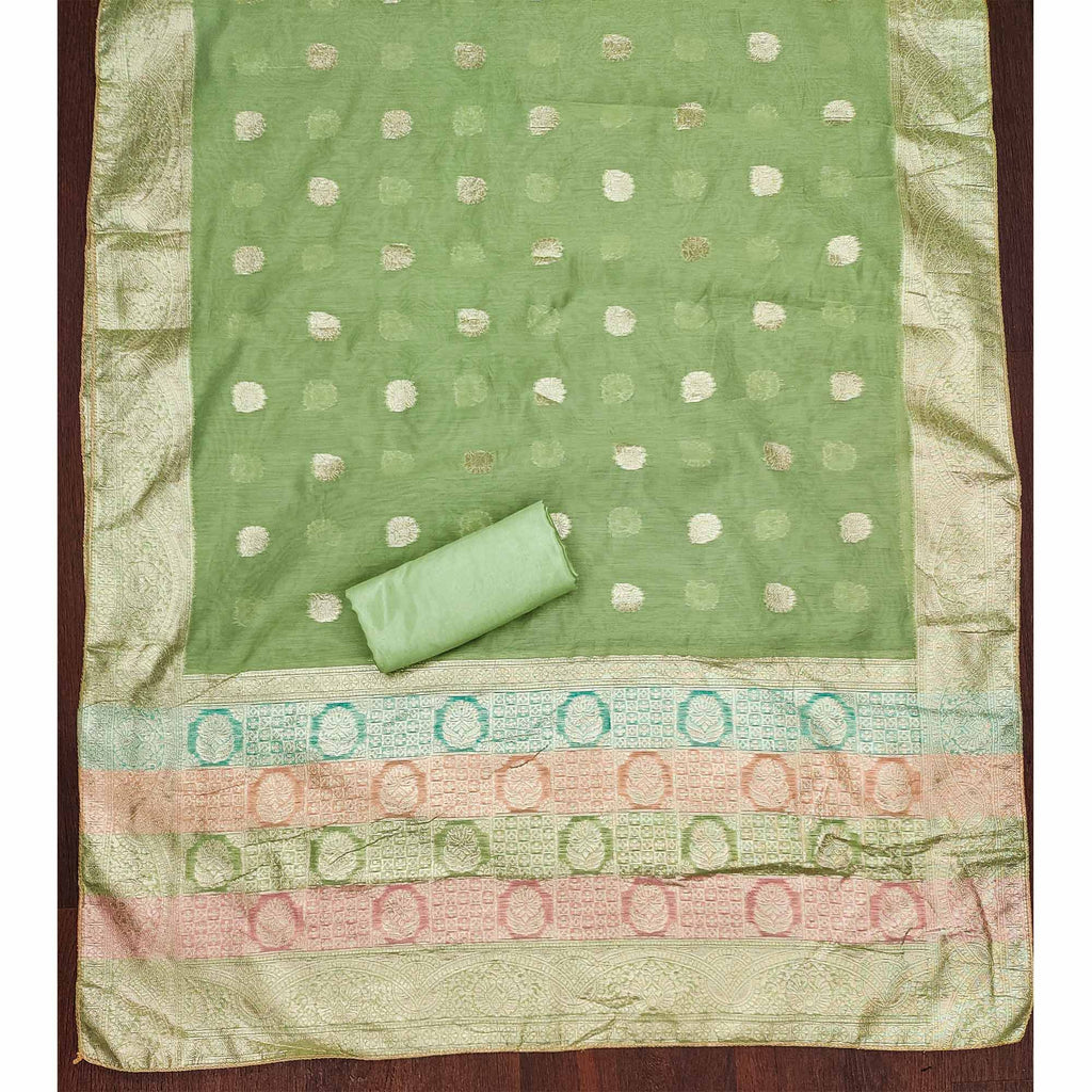 Green Floral Woven With Hand Embroidered Jacquard Dress Material