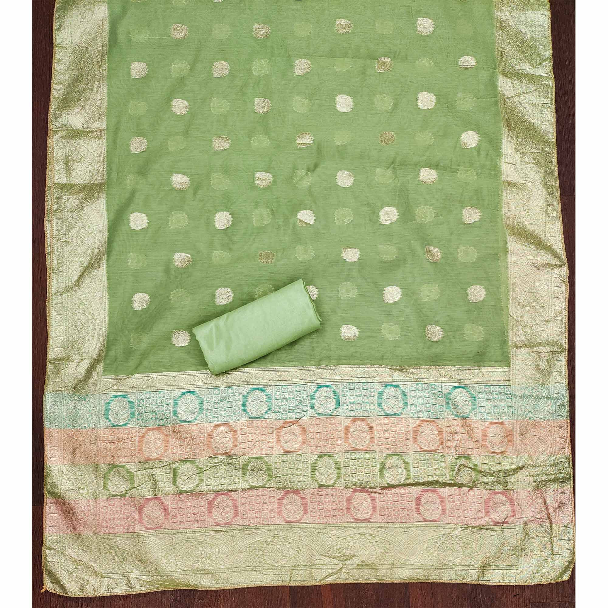 Green Floral Woven With Hand Embroidered Jacquard Dress Material