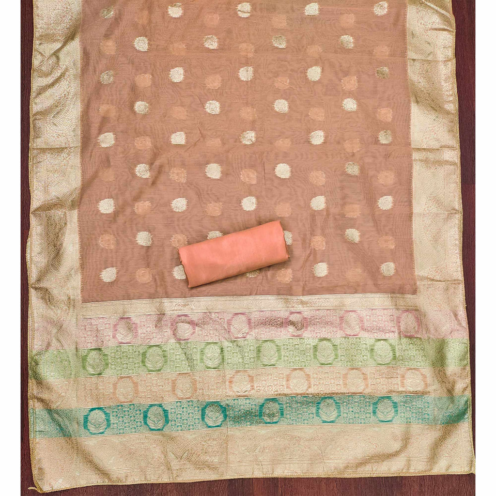 Peach Floral Woven With Hand Embroidered Jacquard Dress Material