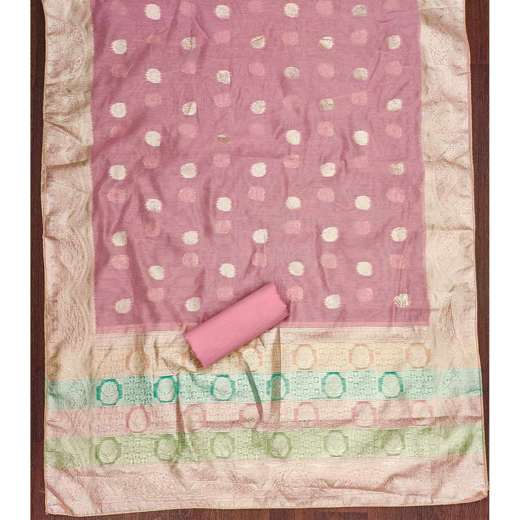 Pink Floral Woven With Hand Embroidered Jacquard Dress Material