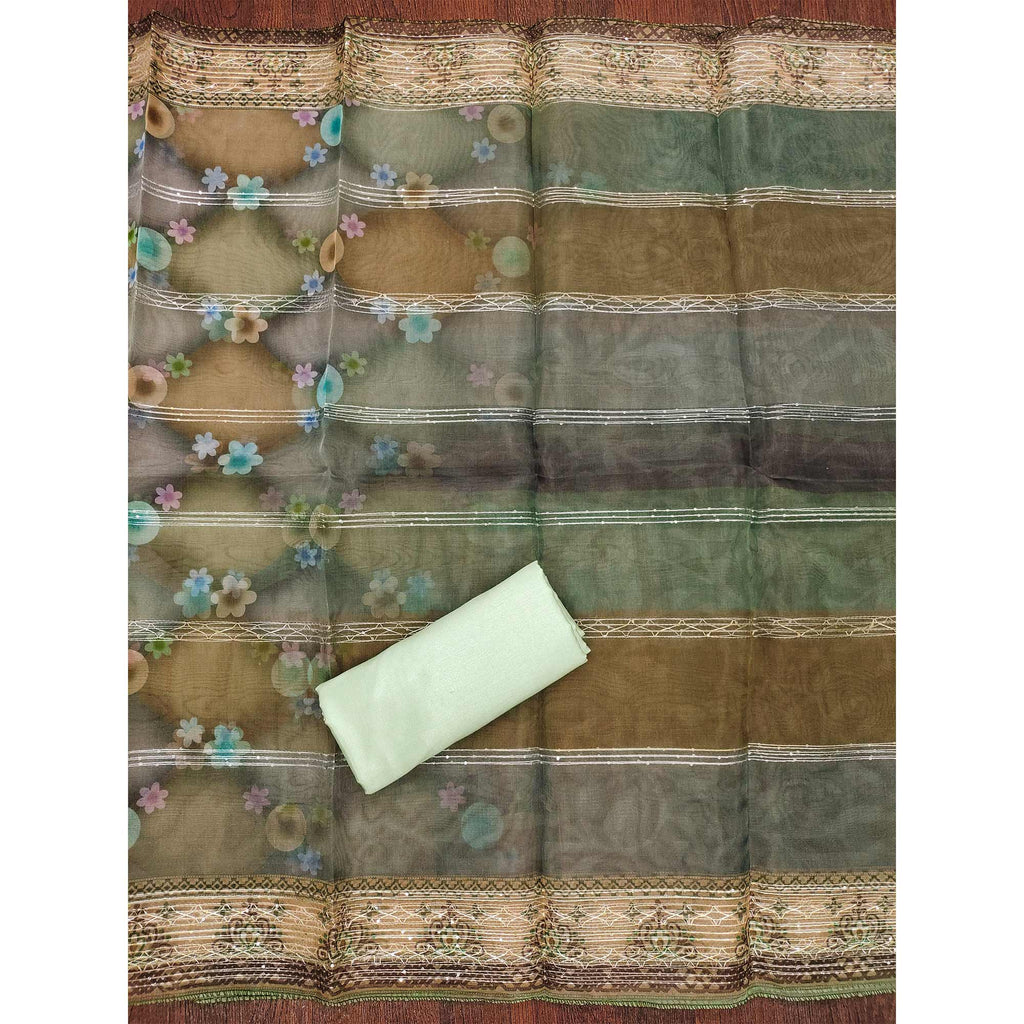 Green Floral Sequins Embroidered Organza Dress Material