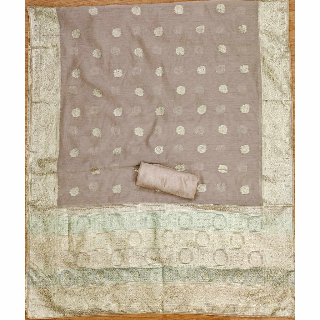 Beige Floral Woven With Hand Embroidered Jacquard Dress Material