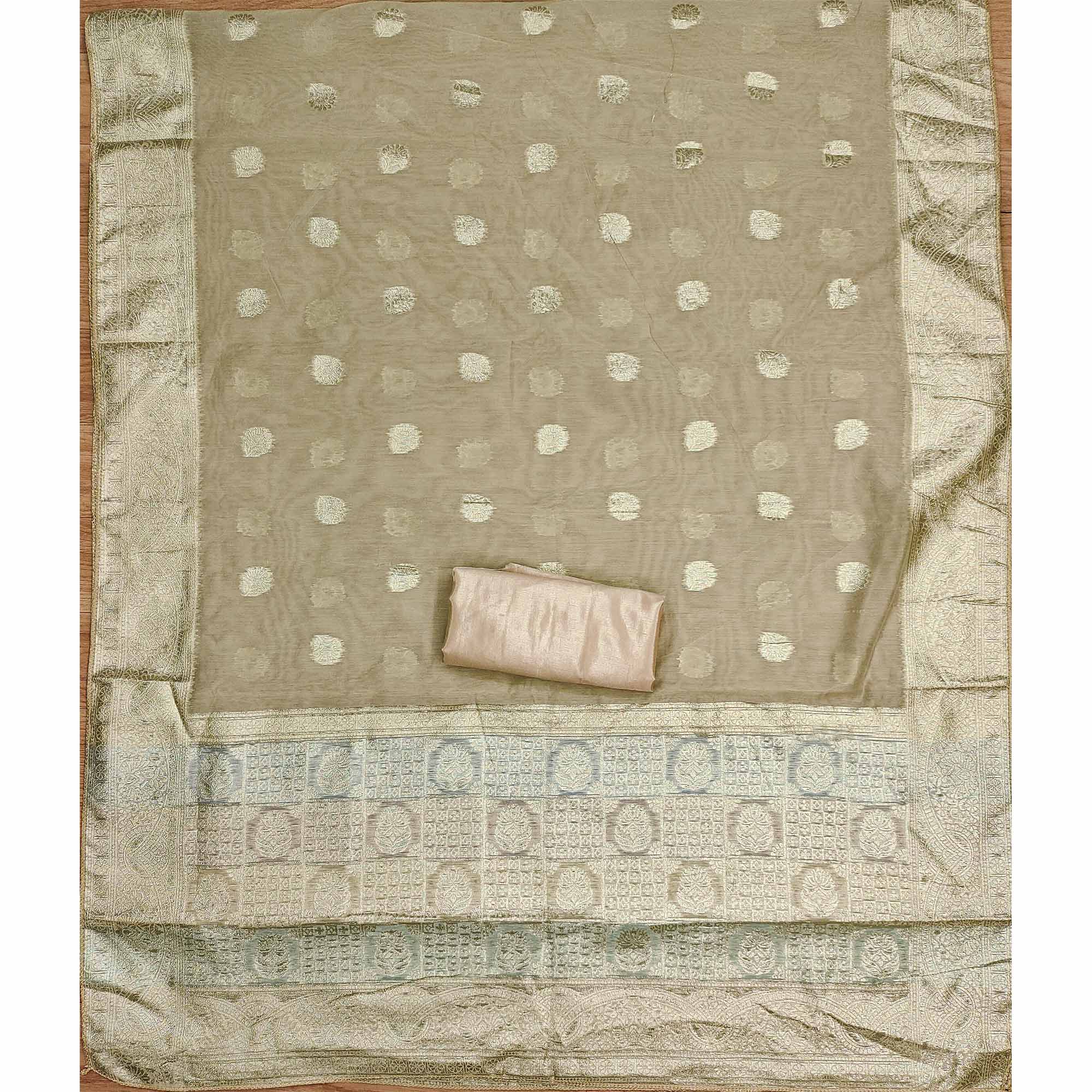 Chikoo Floral Woven With Hand Embroidered Jacquard Dress Material