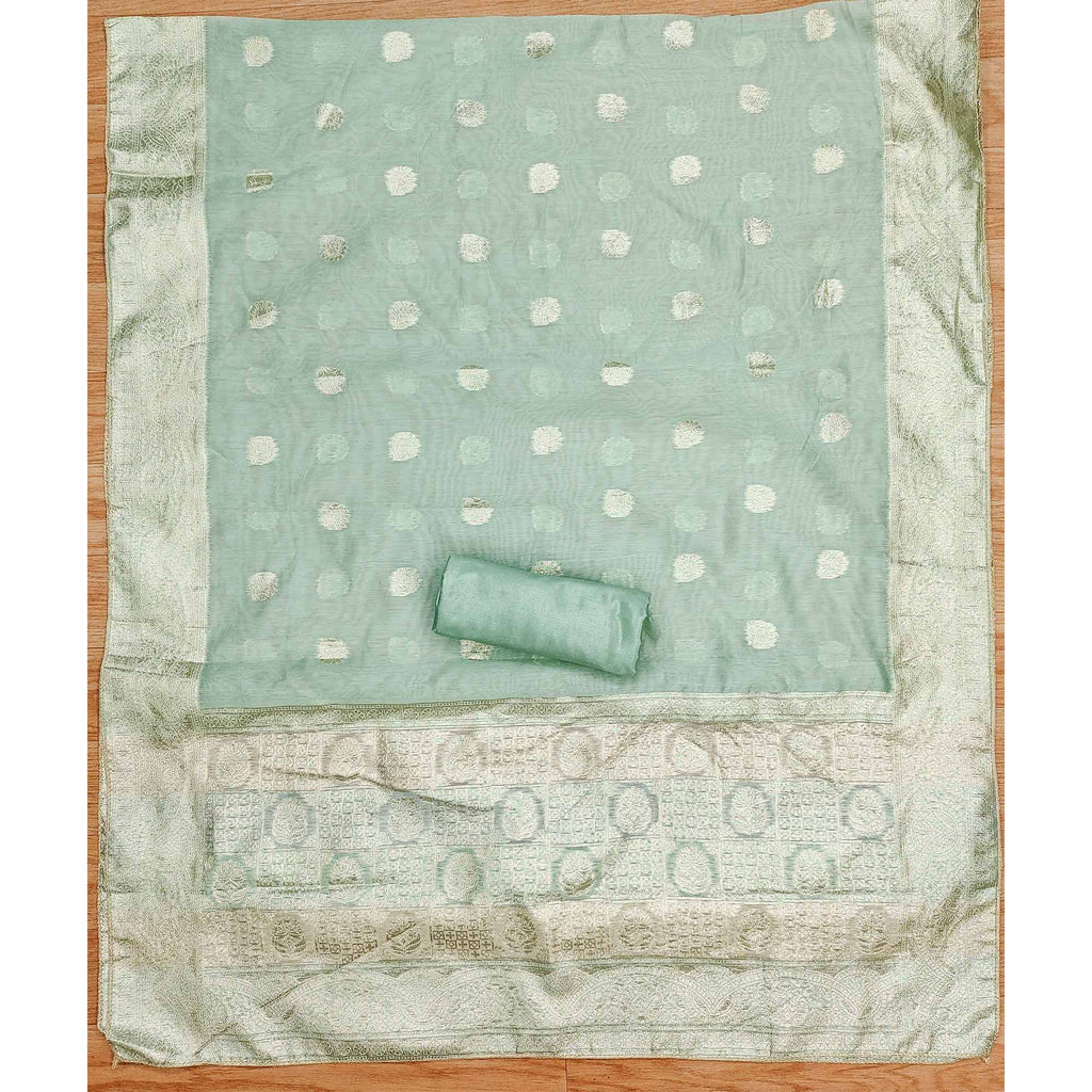 Green Floral Woven With Hand Embroidered Jacquard Dress Material