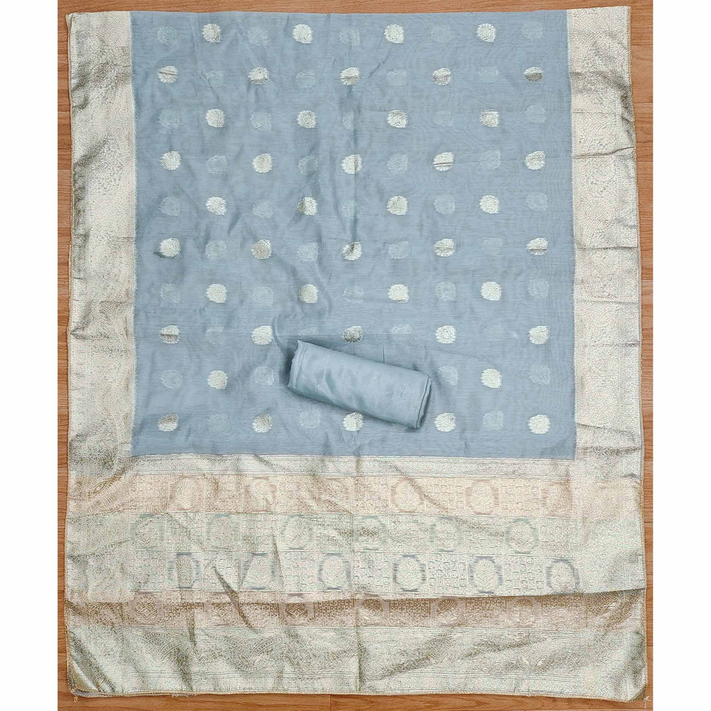 Grey Floral Woven With Hand Embroidered Jacquard Dress Material