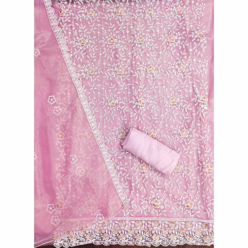 Elegant Pink Organza Dress Material Adorned with Intricate Floral Embroidery