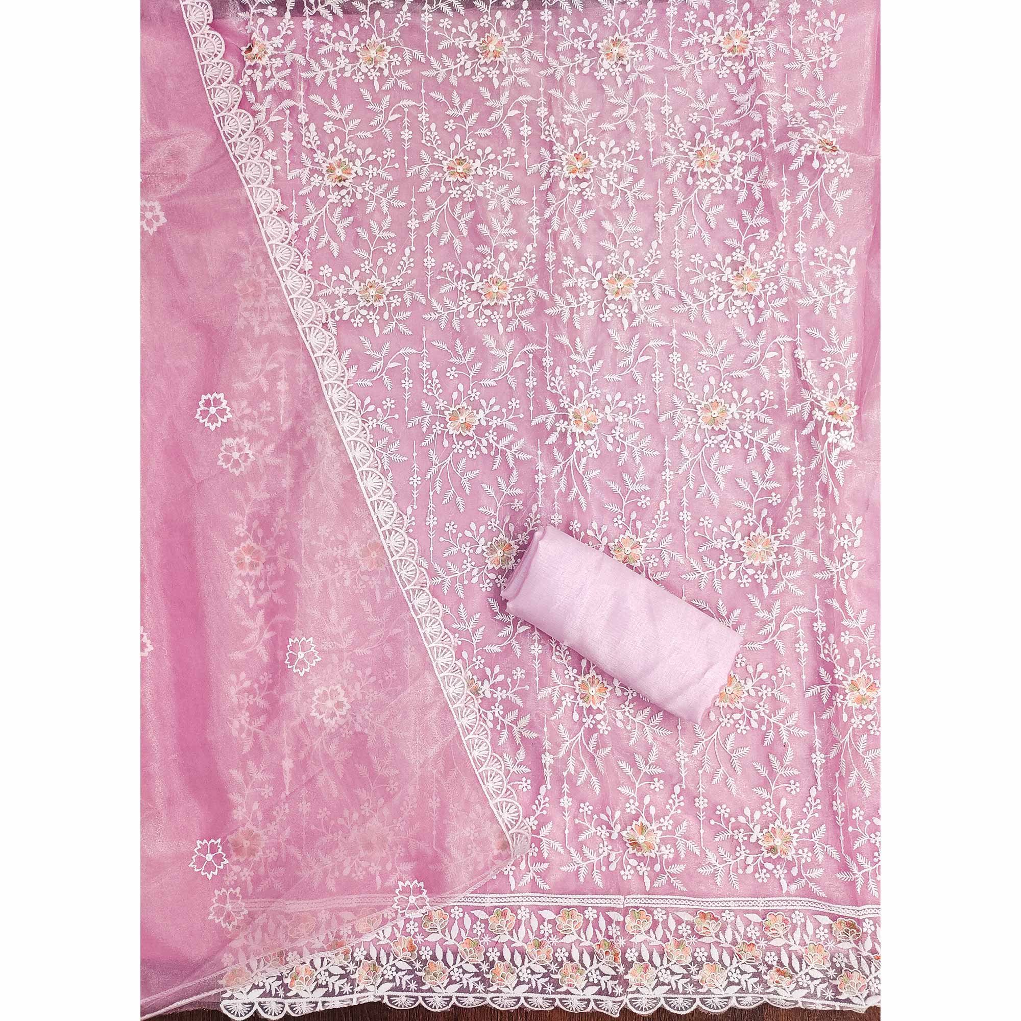 Elegant Pink Organza Dress Material Adorned with Intricate Floral Embroidery