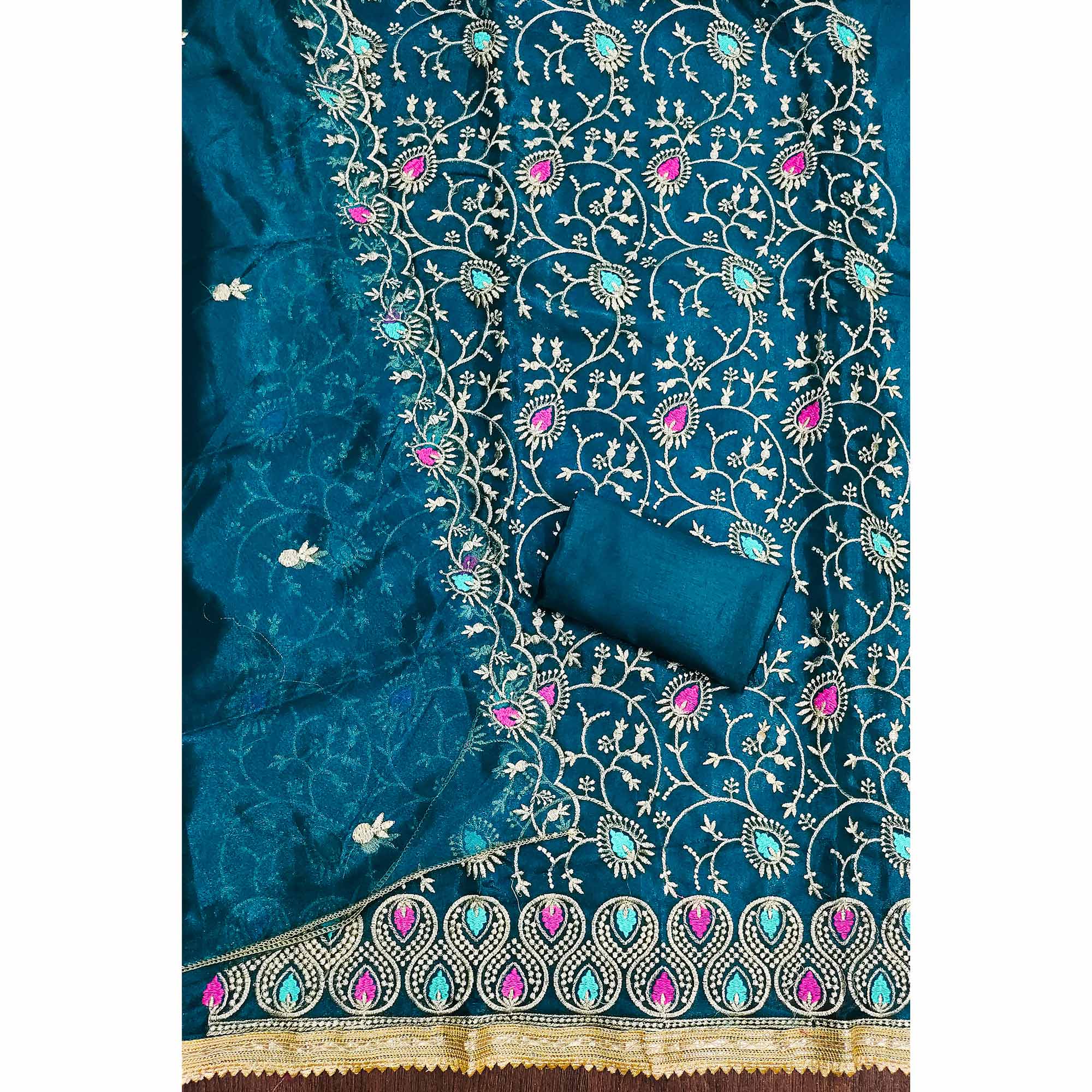 Dazzling Morpich Organza Dress Material with Exquisite Floral Thread & Zari Embroidery