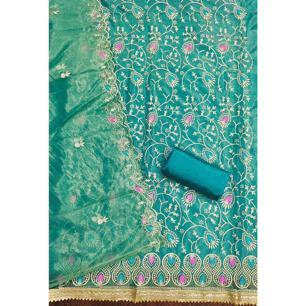 Elegant Rama Blue Organza Dress Material with Exquisite Floral Thread & Zari Embroidery