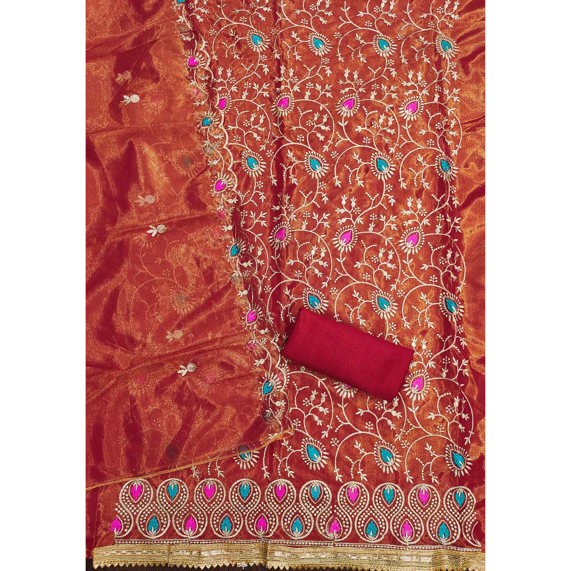 Elegant Rust Organza Dress Material with Exquisite Floral Thread & Zari Embroidery