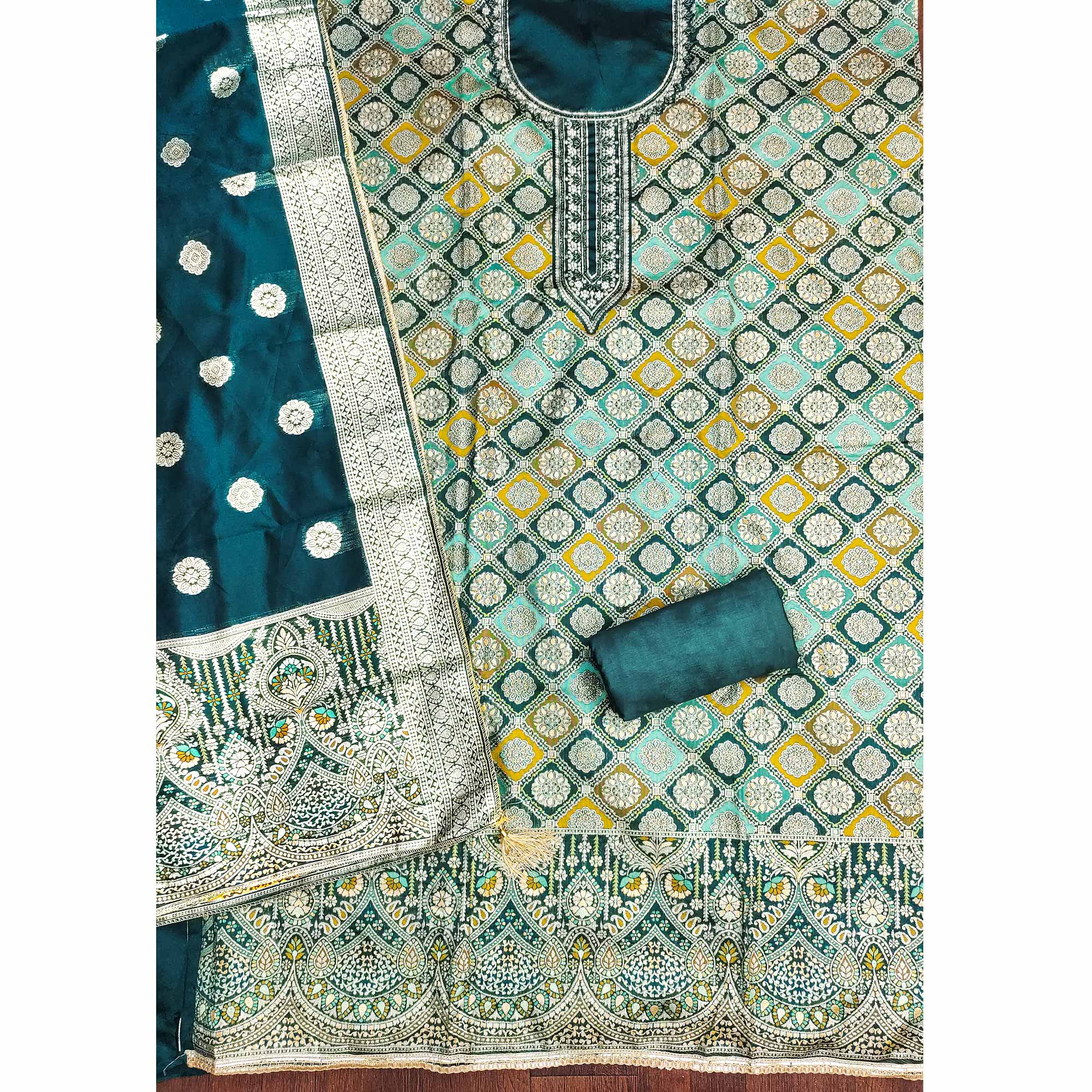 Dark Teal Unstitched Dress Material in Zari Woven Jacquard