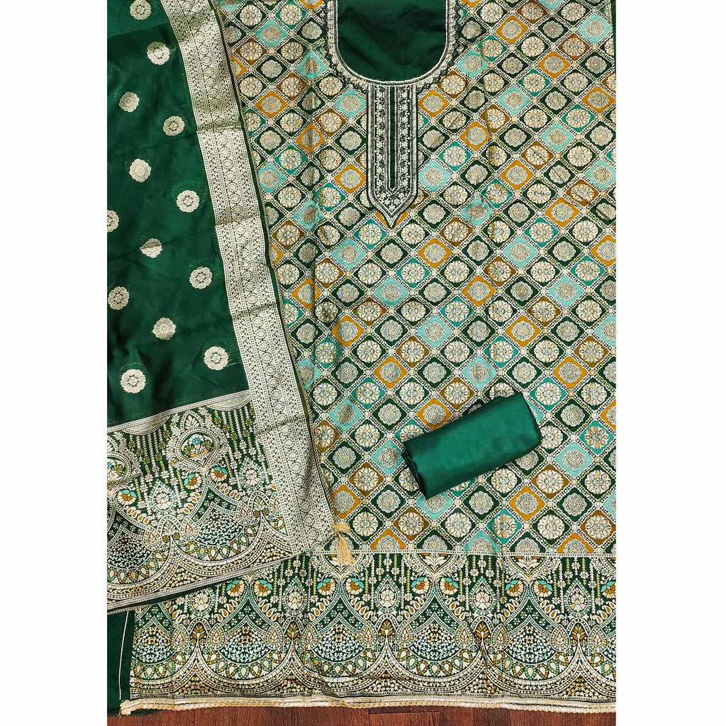 Green Unstitched Dress Material in Zari Woven Jacquard