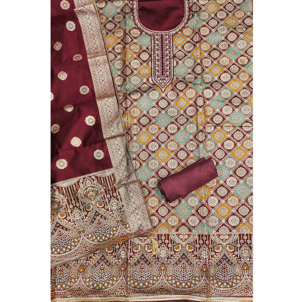Maroon Unstitched Dress Material in Zari Woven Jacquard