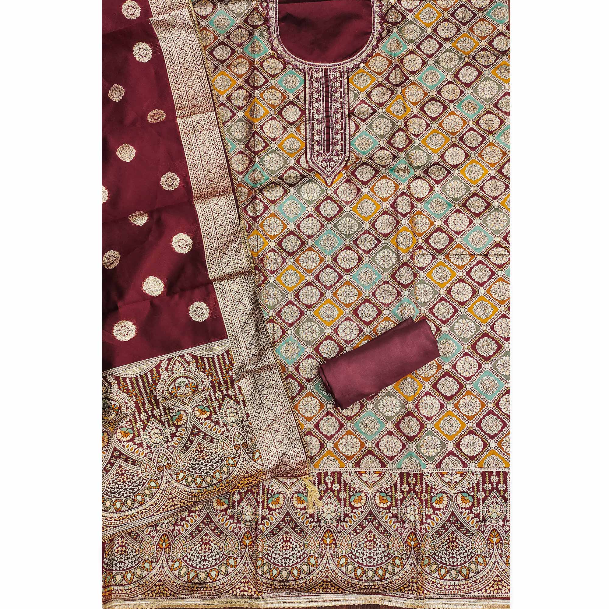 Maroon Unstitched Dress Material in Zari Woven Jacquard