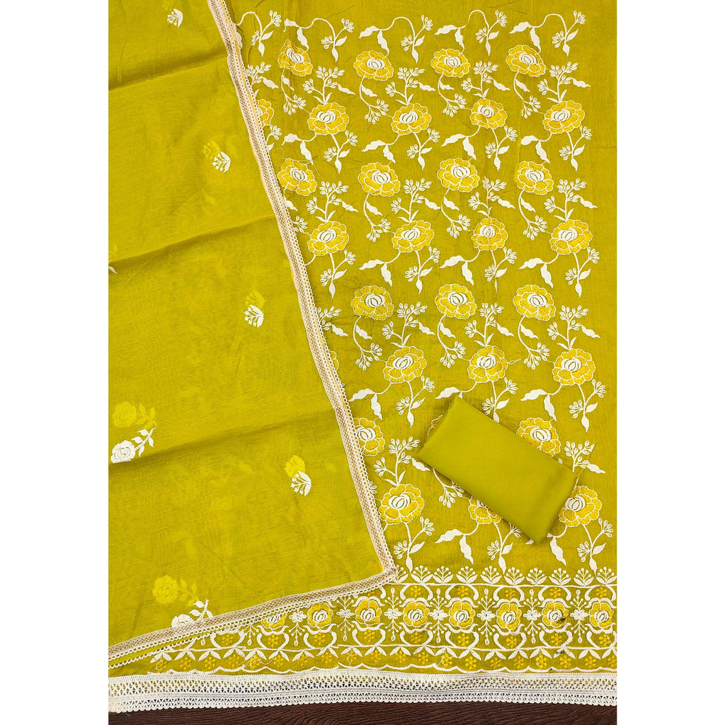 Bright Yellow Embroidered Chanderi Cotton Suit Fabric with Floral Detailing