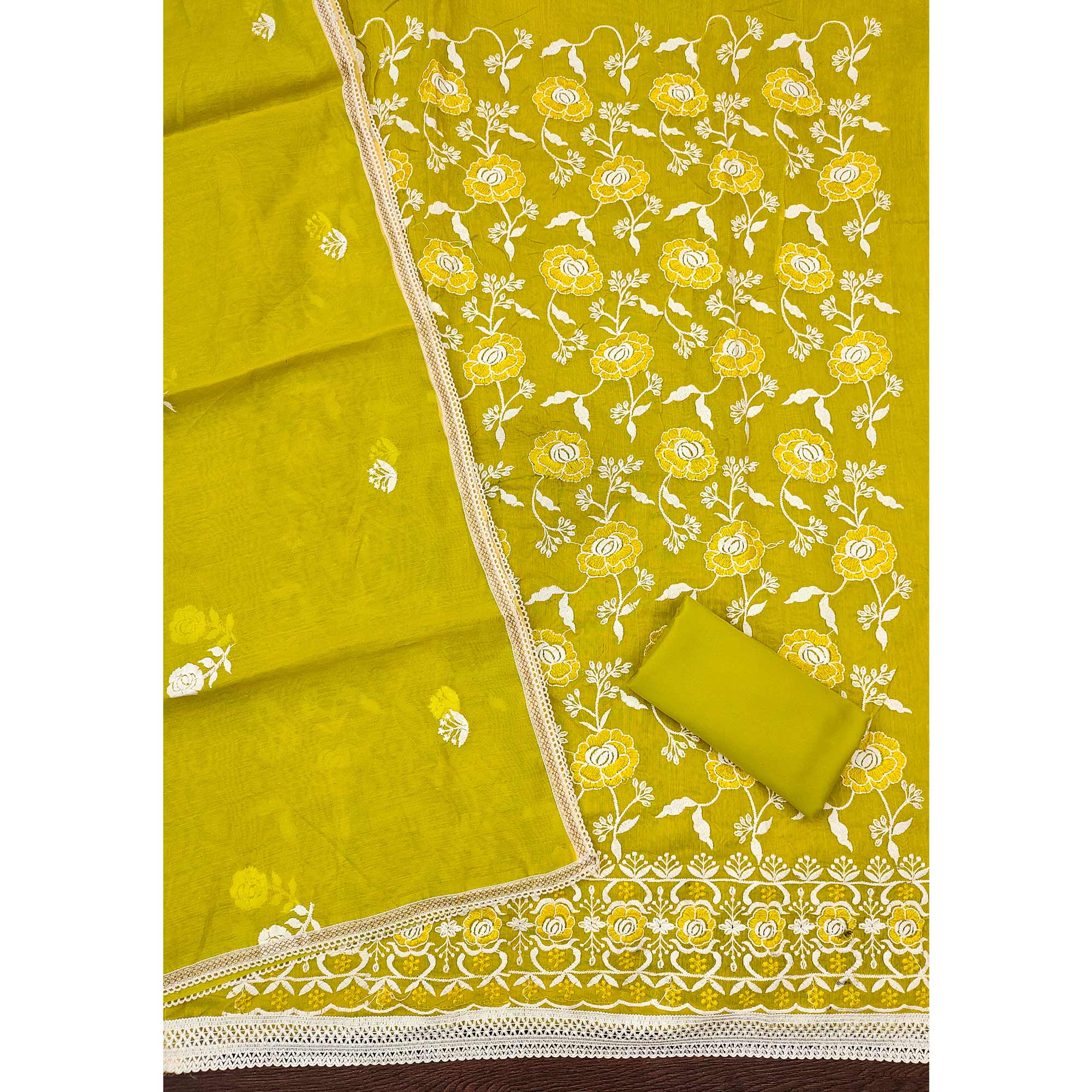 Bright Yellow Embroidered Chanderi Cotton Suit Fabric with Floral Detailing