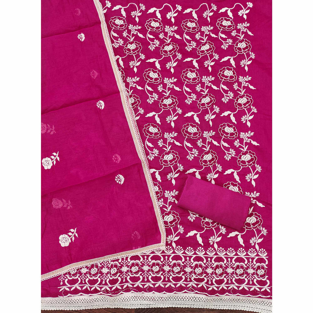 Dark Pink Embroidered Chanderi Cotton Suit Fabric with Floral Detailing