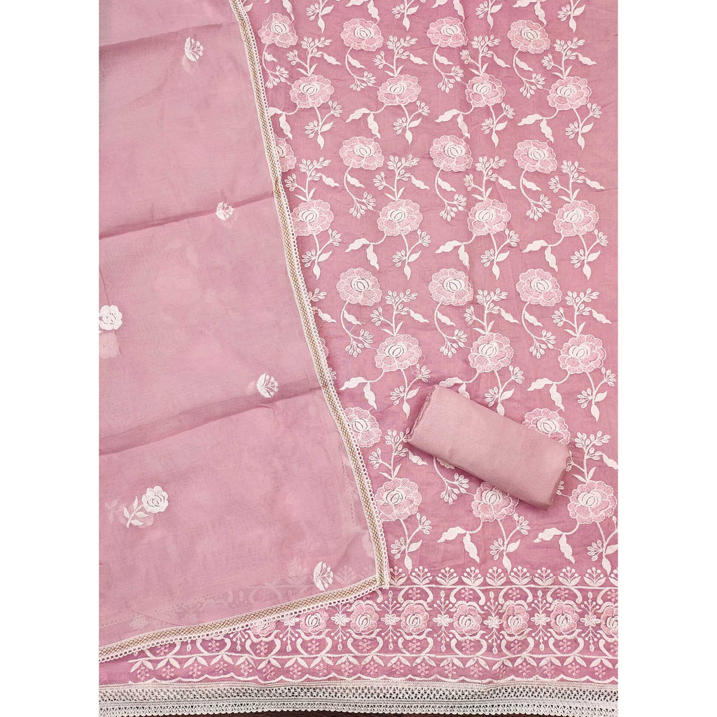 Pink Embroidered Chanderi Cotton Suit Fabric with Floral Detailing