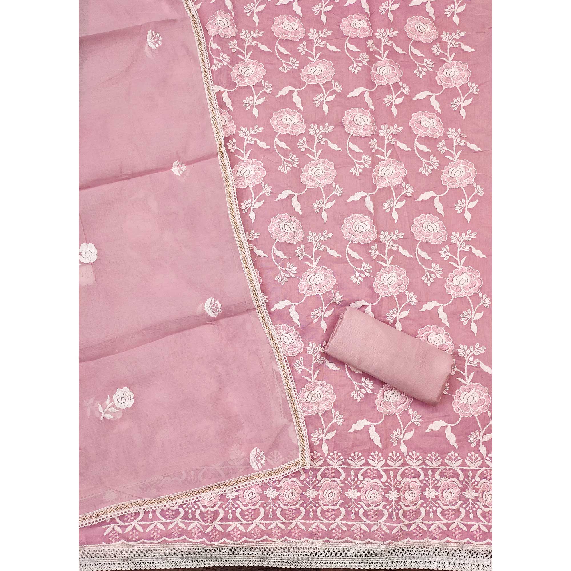 Pink Embroidered Chanderi Cotton Suit Fabric with Floral Detailing