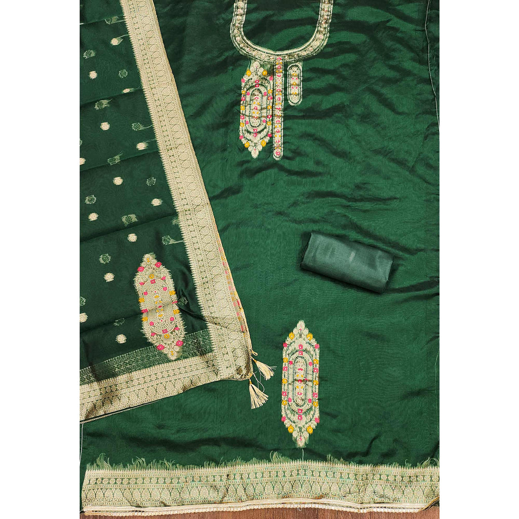 Festive Green Unstitched Dress Material in Zari Weaving Jacquard