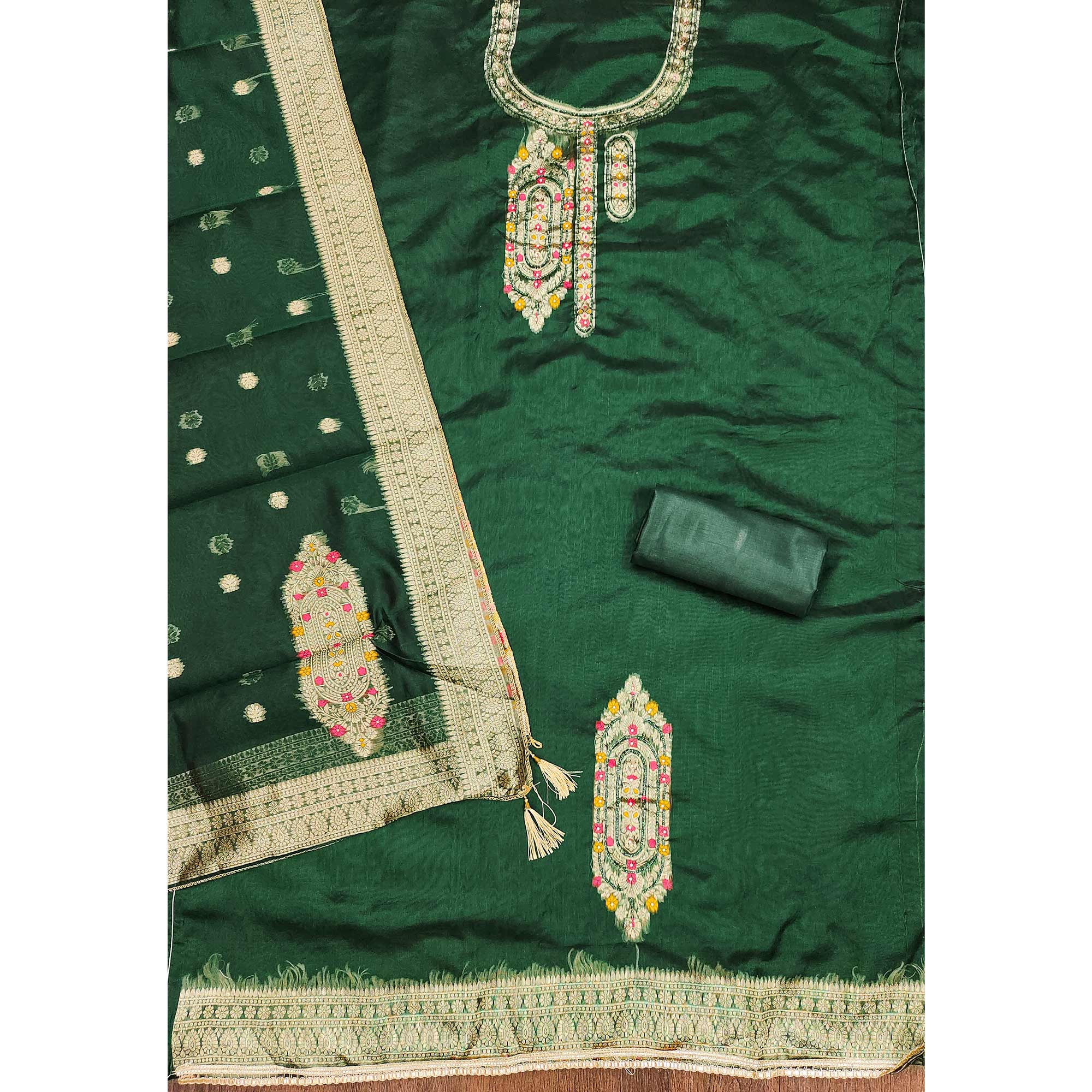 Festive Green Unstitched Dress Material in Zari Weaving Jacquard