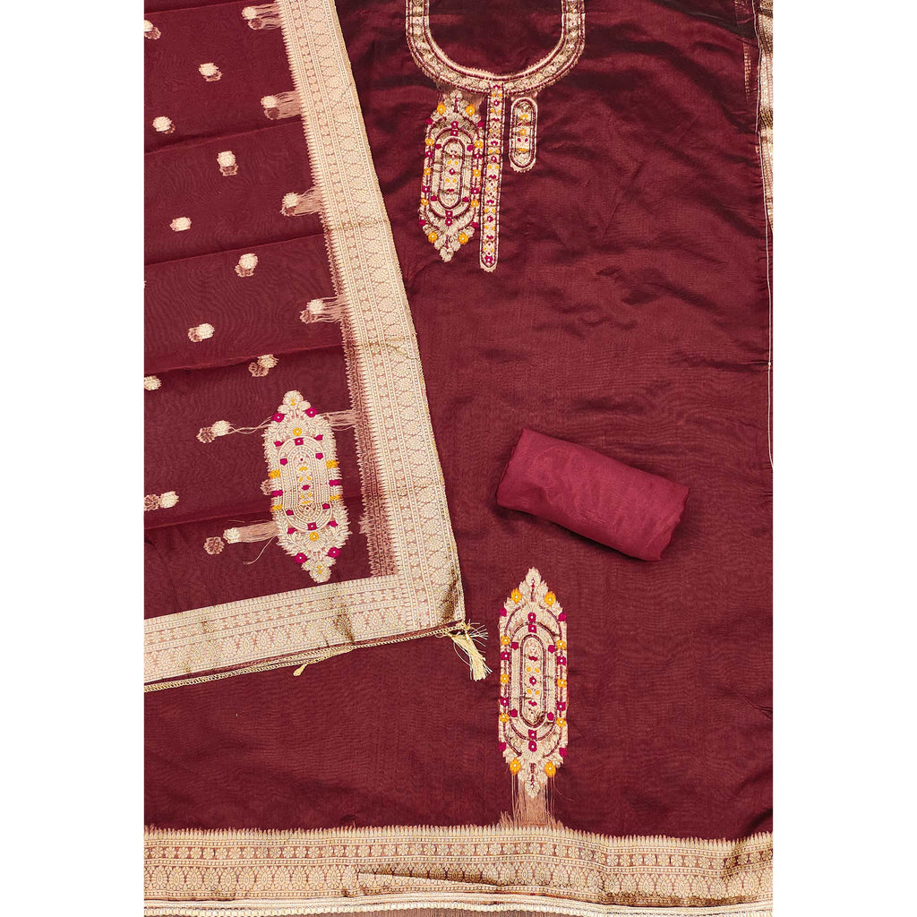 Festive Maroon Unstitched Dress Material in Zari Weaving Jacquard