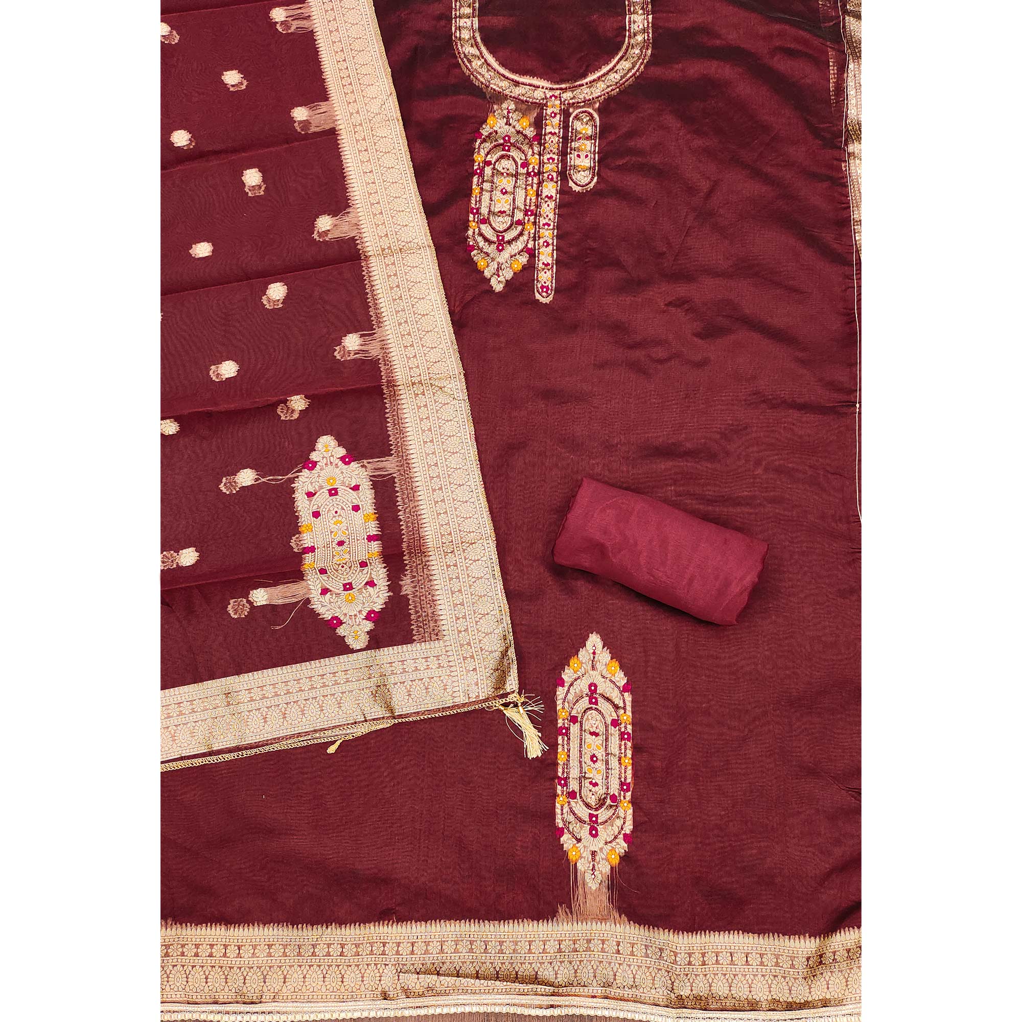 Festive Maroon Unstitched Dress Material in Zari Weaving Jacquard