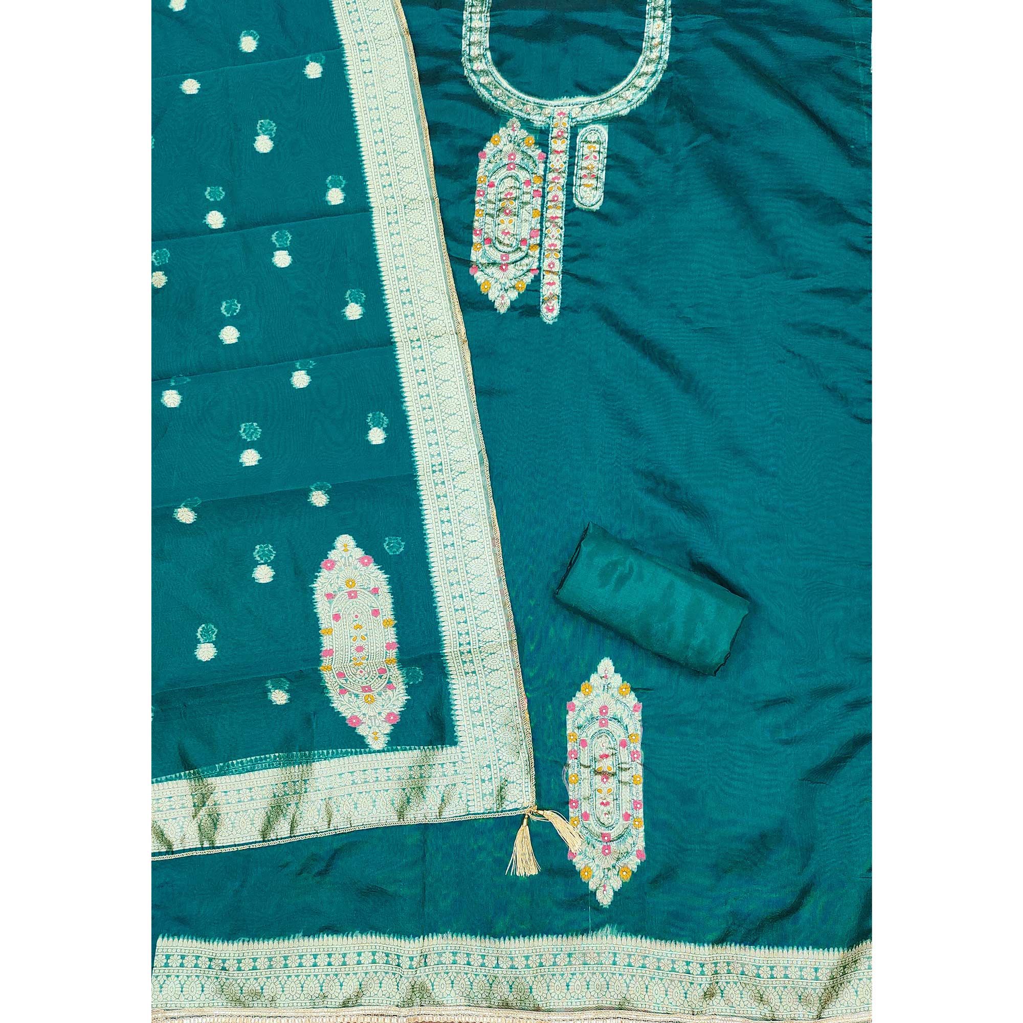 Festive Teal Unstitched Dress Material in Zari Weaving Jacquard