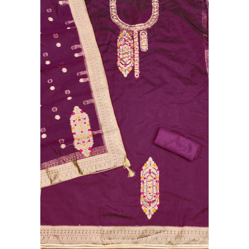 Festive Wine Unstitched Dress Material in Zari Weaving Jacquard