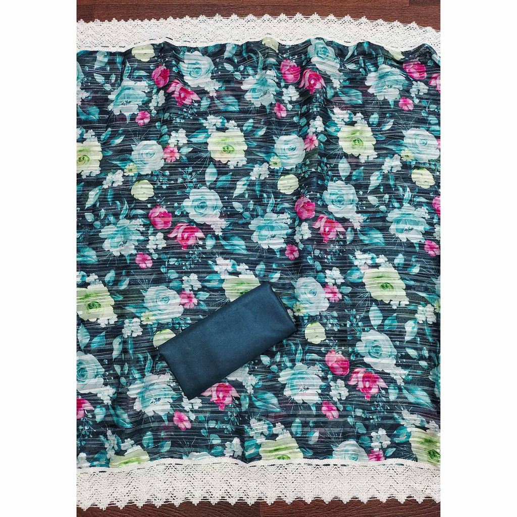 Dark Teal Cotton Blend Suit Material Enhanced with Sequins Embroidery