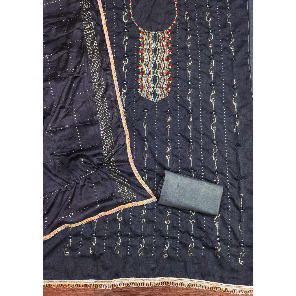 Festive Dark Grey Dress Material in Vichitra Silk with Sequin Highlights