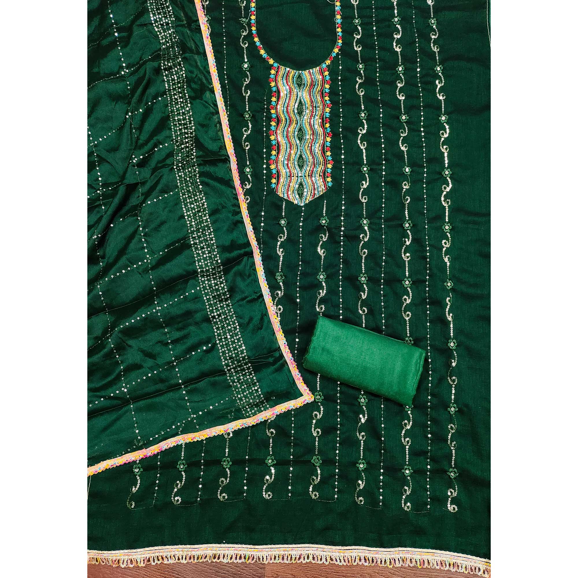Festive Green Dress Material in Vichitra Silk with Sequin Highlights