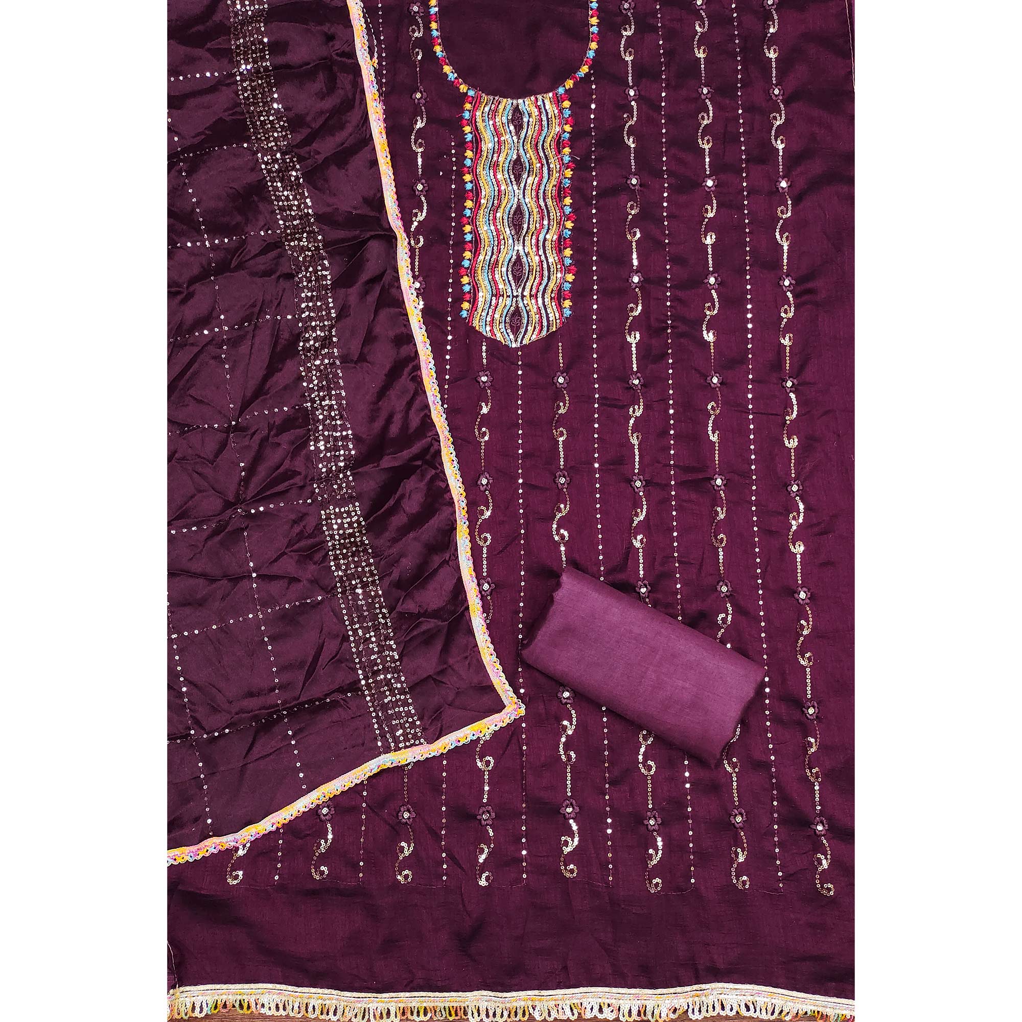 Festive Wine Dress Material in Vichitra Silk with Sequin Highlights