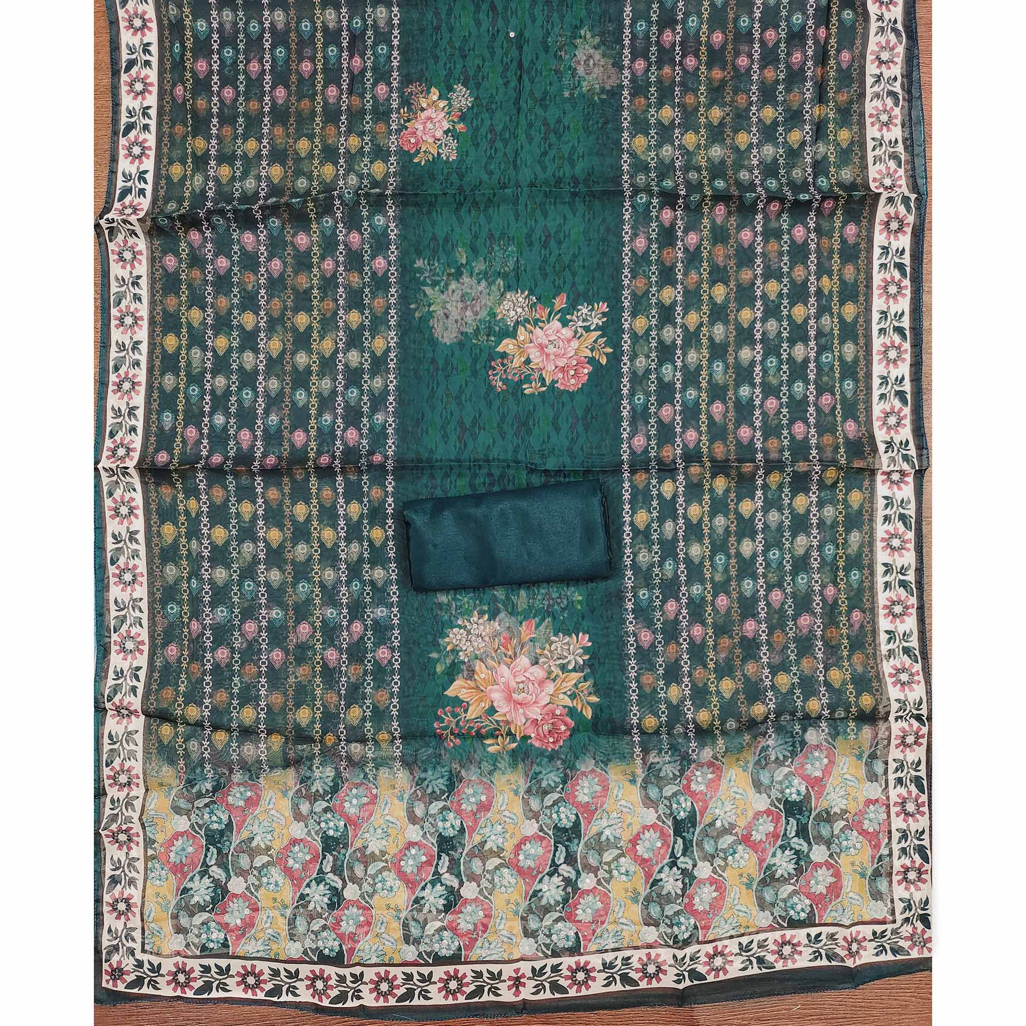 Off-White & Green Organza Dress Material with Elegant Floral Prints