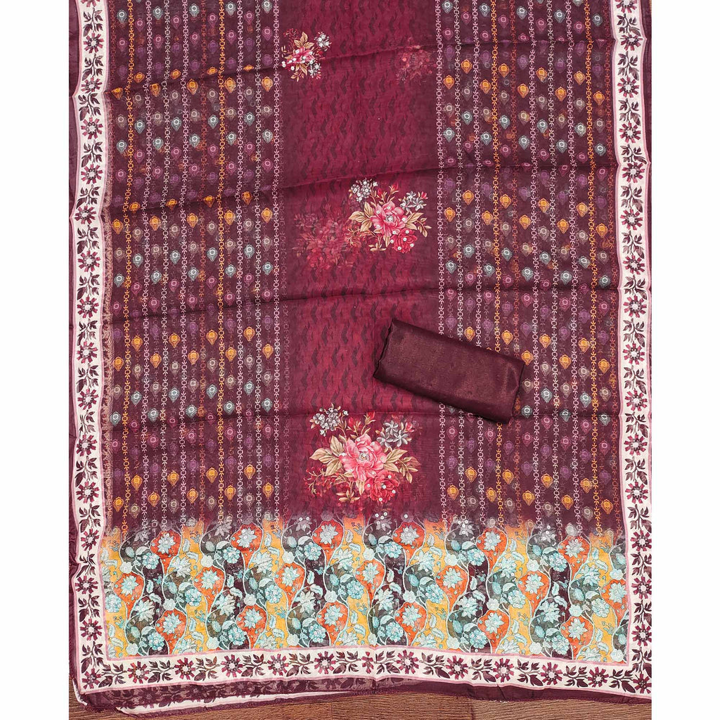 Off-White & Maroon Organza Dress Material with Elegant Floral Prints